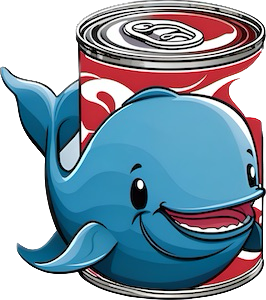 Whale Tins logo: a happy whale swimming next to a can stuffed with his tasty meat
